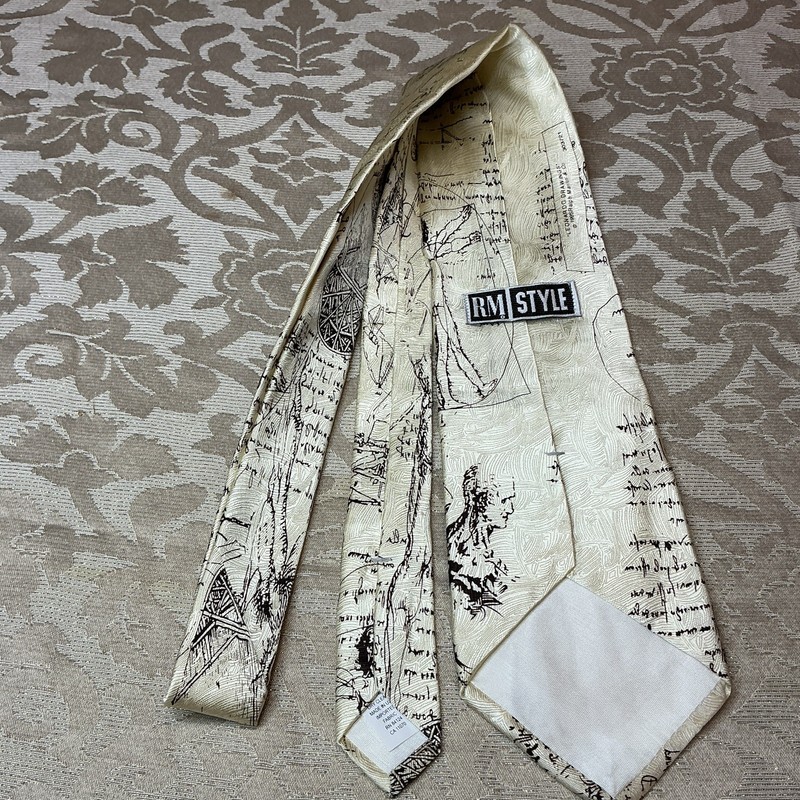 RM Style Men's Woven Silk Graphic Print Tie Ivory/Black Da Vinci Logo 1-Piece gallery