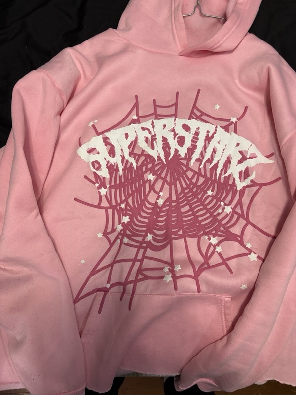 Women’s Pink Pullover Hoodie L Cotton Fleece Spider Web Graphic Print Pockets