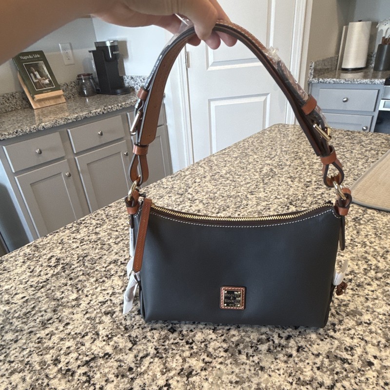 Dooney & Bourke Black Zip Shoulder Bag, Brown Strap, Gold Hardware, Lined gallery