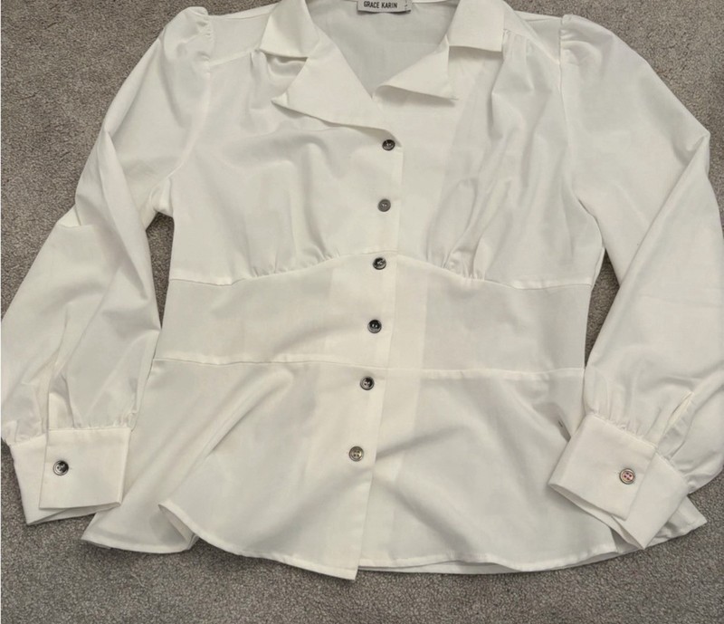 GRACE KARIN Women’s White Button-Up Collared Puff Sleeve Blouse Smocked L
