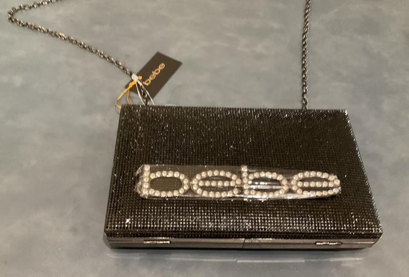 Bebe Zaza Clutch Black Rhinestone Crystal Logo Evening Bag E22-4586 NEW