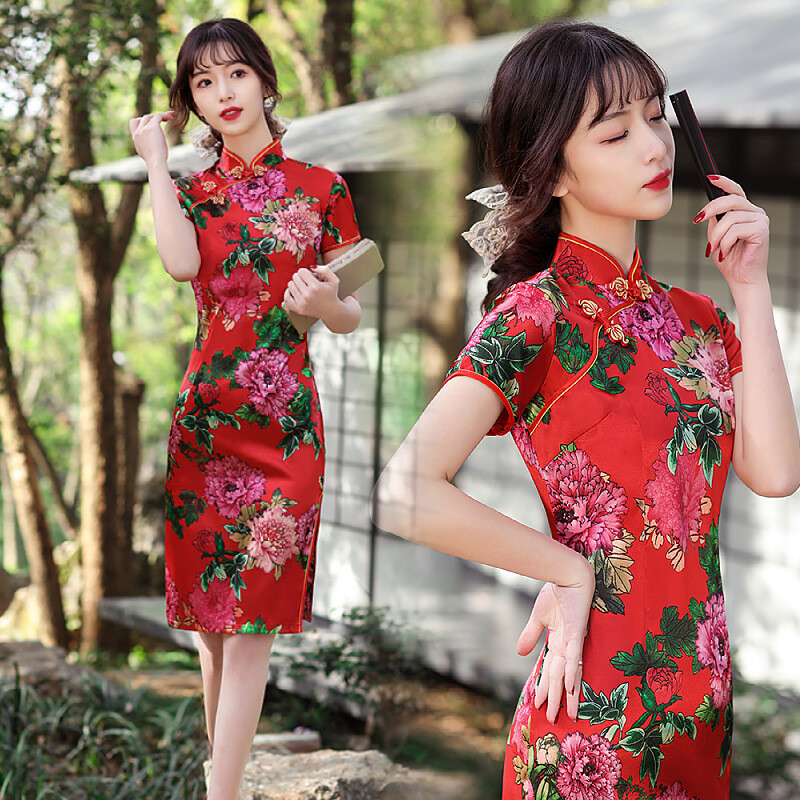 Cheongsam Knee Length Short Sleeve Slim Qipao Gown Lady Elegant Floral Dress