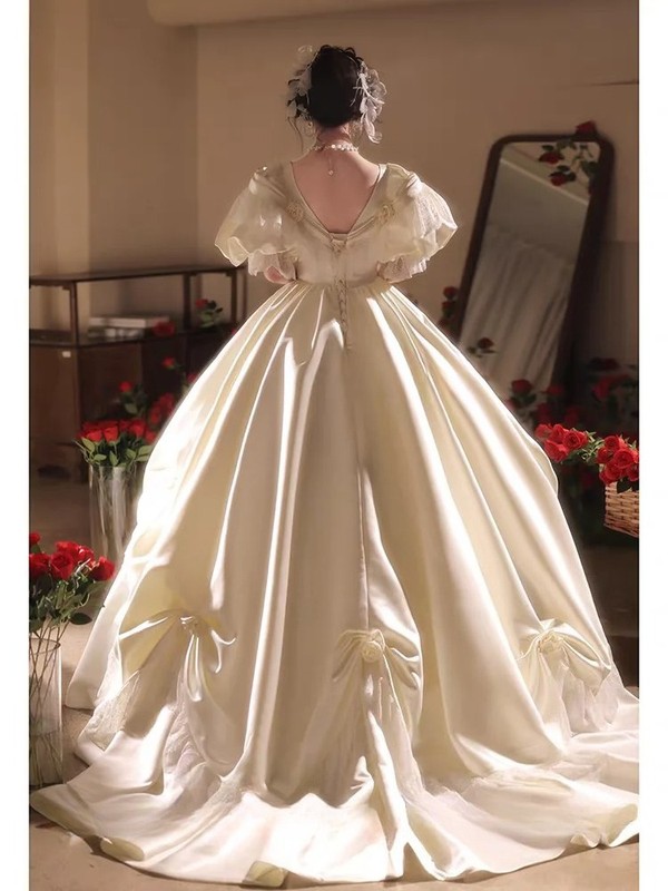 Classic Satin Wedding Dresses Customized Ruffles Puff Sleeves Lace Bridal Gowns gallery