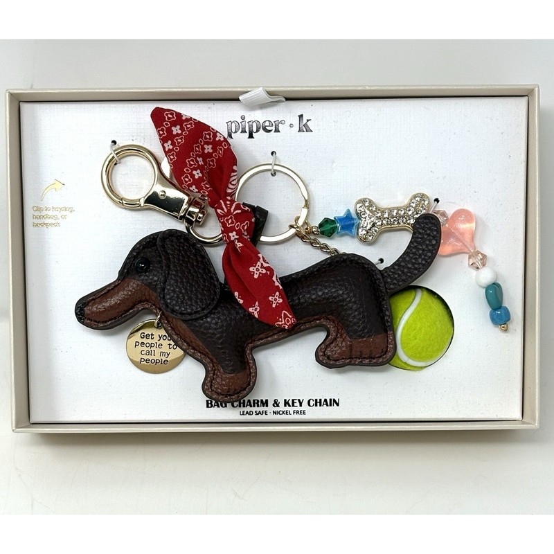 Piper K Dachshund Doxie Dog Bag Charm Tennis Ball Bandana Bone Keyring Keychain