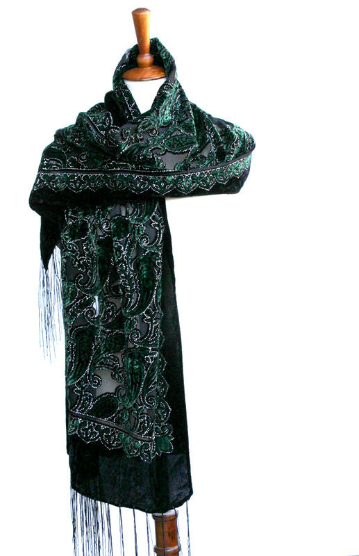 Elegant Black & Emerald Green Color Flower Silk Burnout Velvet Shawl Scarf Wrap gallery
