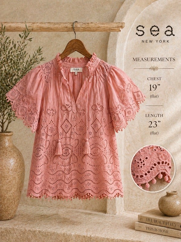 Sea New York Pink Lace Cotton Blouse Eyelet Ruffle Tassel Flutter Sleeve Size 2