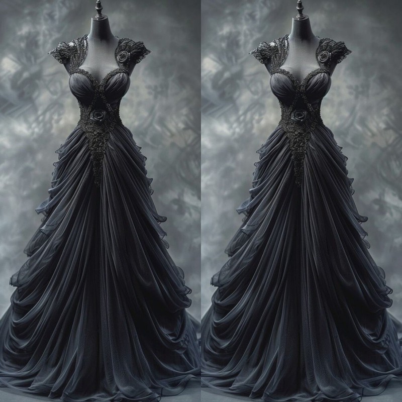 Black Gothic Wedding Dresses Ruched Lace Appliques V Neck Sleeveless Bridal Gown