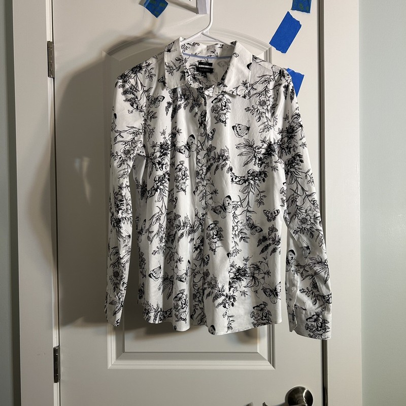 Talbots Size 14 Floral Butterfly White Blouse Long Sleeve Quiet Luxury, Office