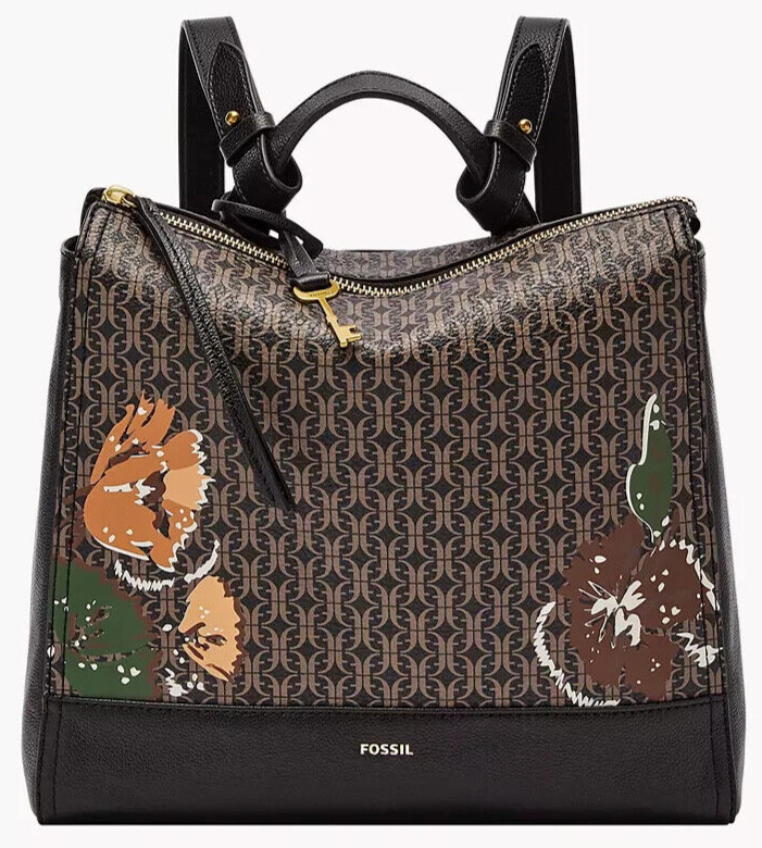 Fossil Elina Convertible Black Floral Logo Backpack SHB2999979 NWT $180 MSRP F