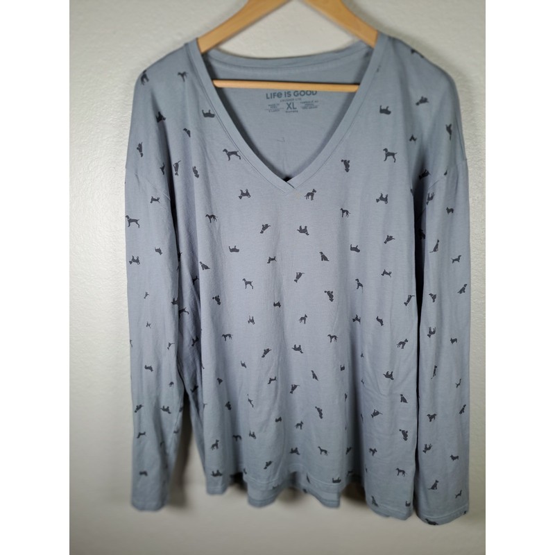 Life is Good Crusher-Lite Womens XL Blue Dog Print V-Neck Long Sleeve T-Shirt
