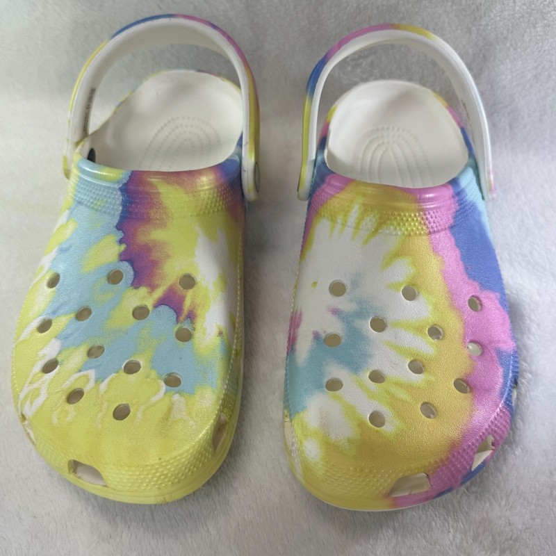 Crocs Classic Tie-Dye Graphic Clogs Size W9/M7 Yellow/Blue/Pink Multicolor