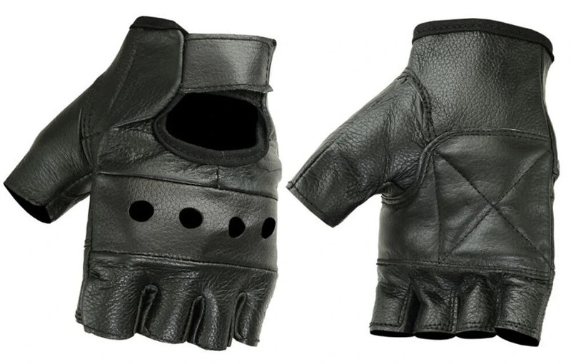 Mens Leather - Fingerless Motorcycle Gloves with Perforated Panels & Wrist Strap