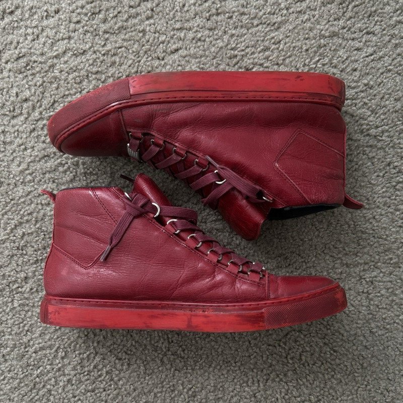 Balenciaga Arena Men’s Red Leather High Top Lace-Up Sneakers Rubber Sole
