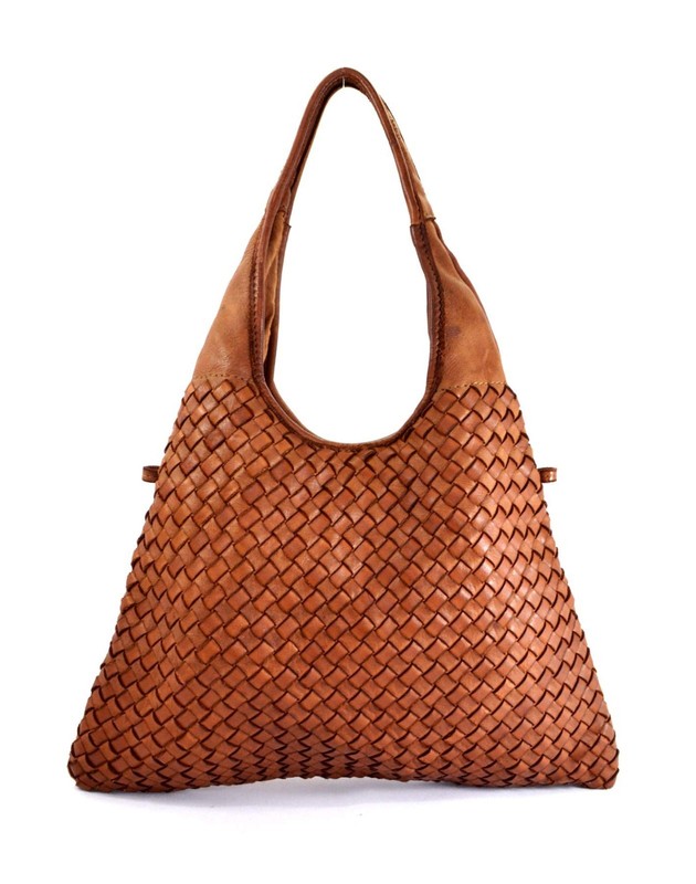ITALIAN HAND-WOVEN VINTAGE-WASHED CALF LEATHER HOBO SHOULDER BAG – MADE IN ITALY