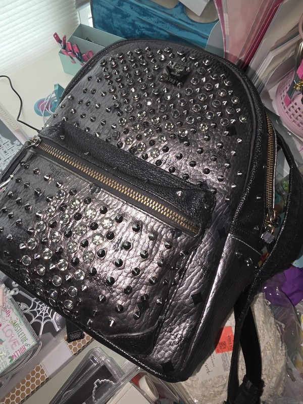 MCM BLACK GREY STUDDED MEDIUM BACKPACK/STRAP DAMAGED NEED REPAIR B+ CONDITION