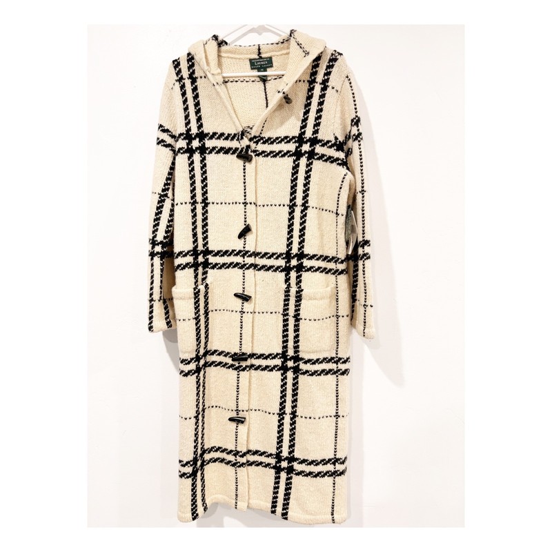 Lauren Ralph Lauren Plaid Lambswool Hooded Toggle Duster Cardigan Coat Cream M