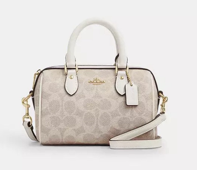 Coach Signature Logo Satchel Top Handle Zip, Detachable Crossbody, Beige/White