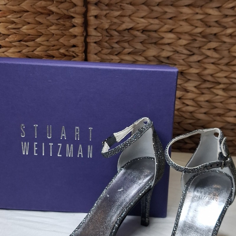 Stuart Weitzman Pewter Glitter Ankle Strap Stiletto Open Toe Heels 7B