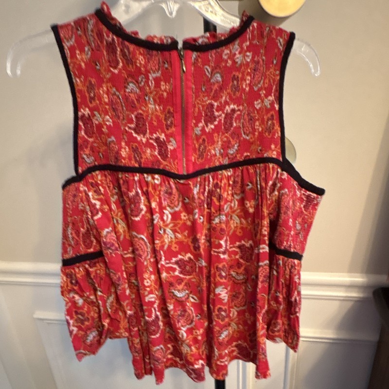 Xhilaration Red Multicolor Floral Cold Shoulder Bell Sleeve Round Neck Blouse L gallery