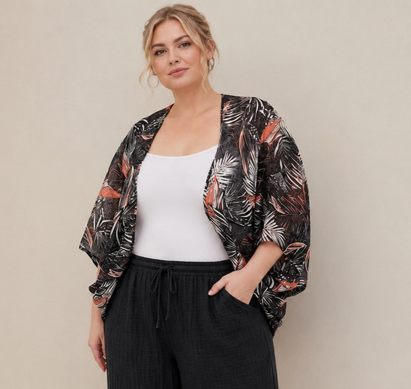 EUC Torrid 0/00 Chiffon Clip Dot Cocoon Kimono M-L 10-12 Black Tropical Floral