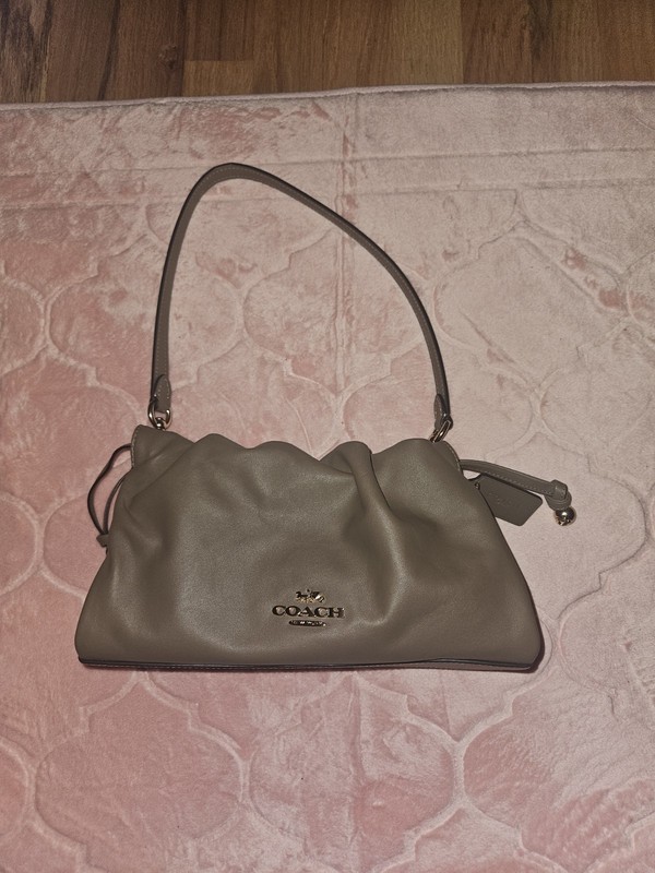 Coach Taupe Small Shoulder Bag Drawstring Logo Bag Charm Gold Hardware