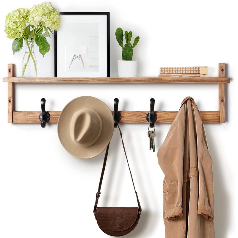 Tatub 29″ Wall Mounted Coat Rack with Shelf, Wood Hooks, Entryway Storage