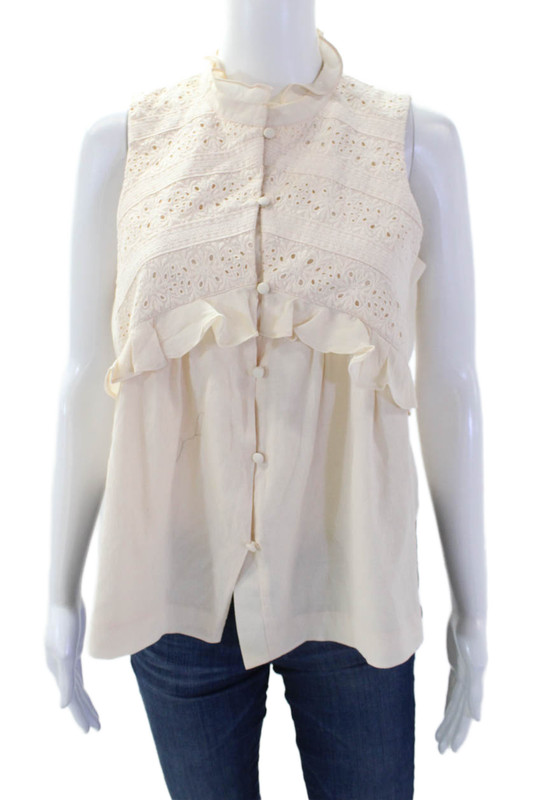 Intermix Womens Sleeveless Ruffle Lace Detail Button Down Blouse Pink Size S