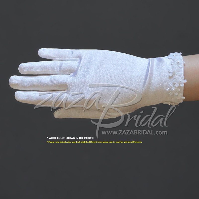 Girl’s Satin Gloves with flowers across the wrist with pearl centres