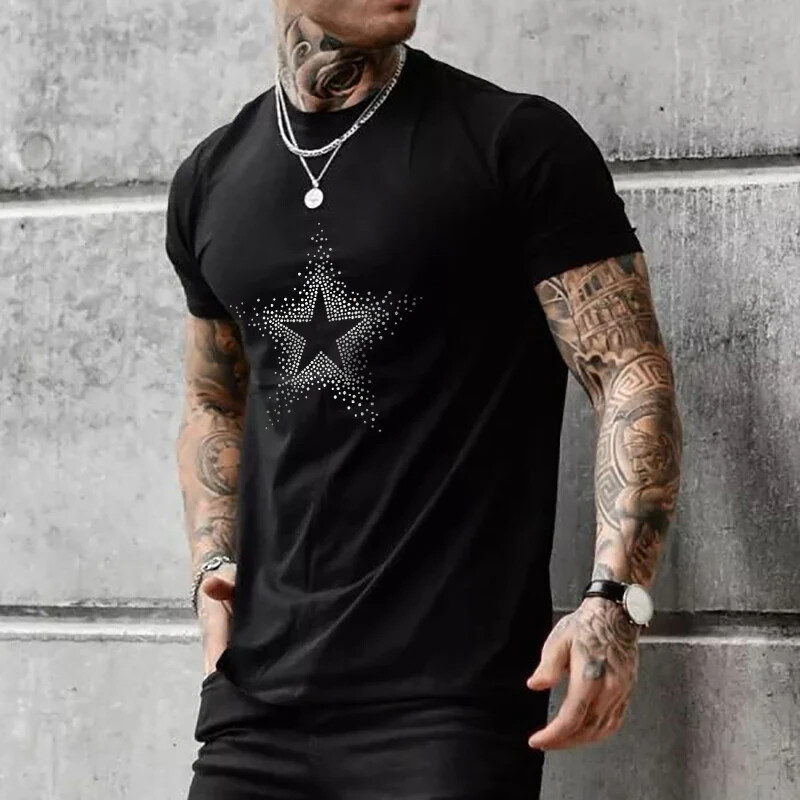New Men Luxury Diamond Star Rhinestones Fashion Black T-Shirt High Quality
