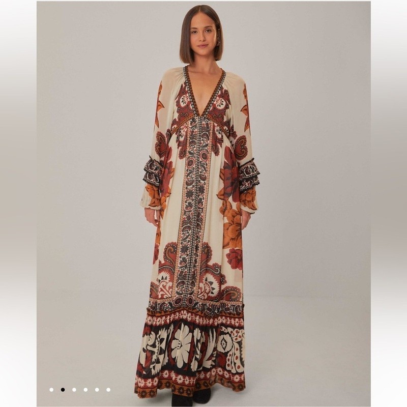NWT FARM Rio V-Neck Gown with Bishop Sleeves