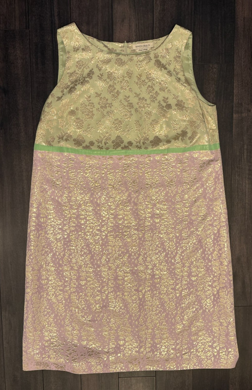 Marina Rinaldi Light Green Pink Gold Jacquard Sleeveless Shift Dress SZ 16