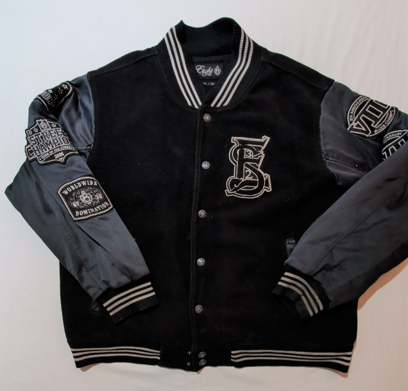 Eight732 Black 3XL Varsity Letterman Jacket Black Wool Logo Patches Streetwear