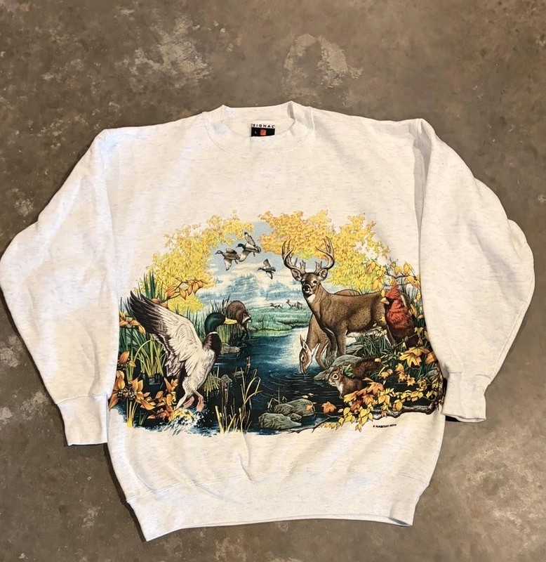 Vintage Signal Sports Sweatshirt Mens Large Gray Wildlife Deer Duck Graphic 90s