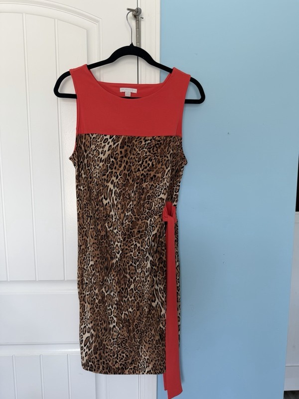 NY & Co. Women’s Sleeveless Coral & Leopard Print Sheath Dress, Size Medium