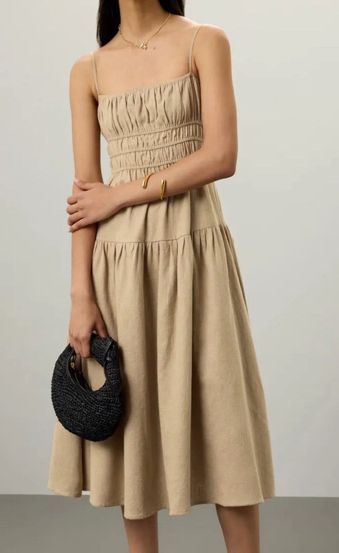 We Wore What Scrunchie Dress Beige Linen Casual Dress $128 Size Small