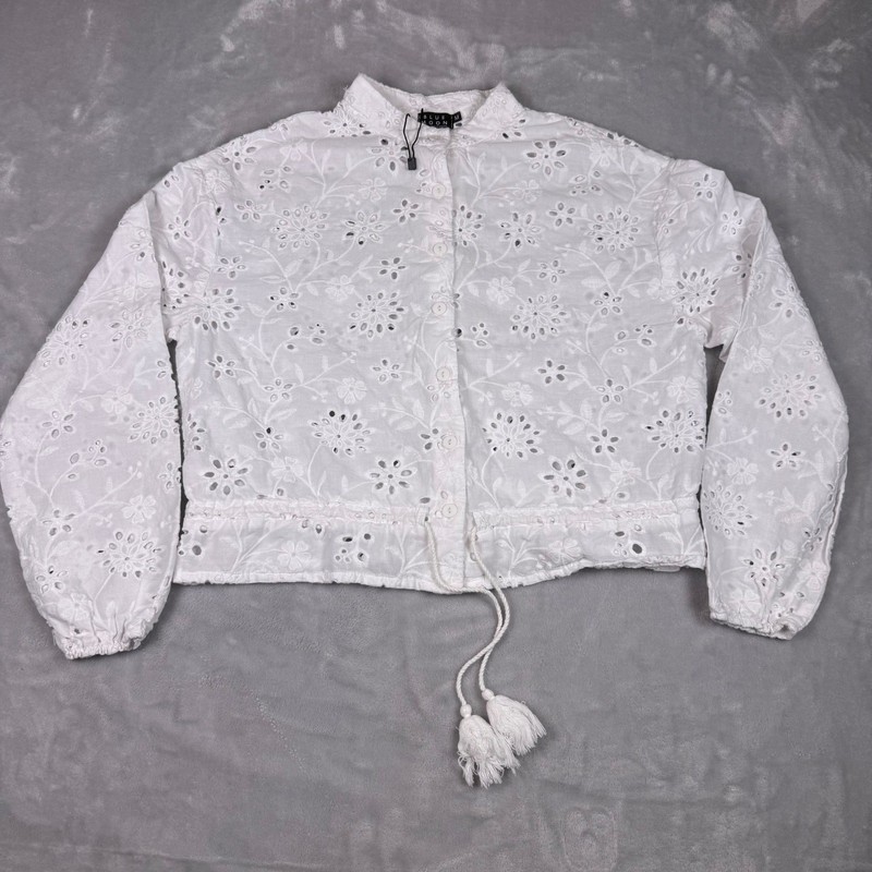 Boho White Eyelet Button Front Jacket Tassel Drawstring Women M Cottagecore gallery