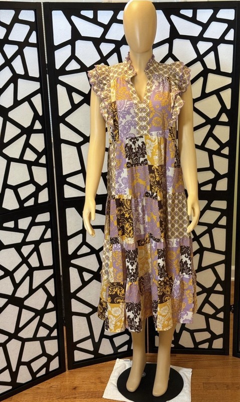 Umgee Purple/Yellow Patchwork V-Neck Flutter Sleeve Tiered Ruffle Dress M gallery