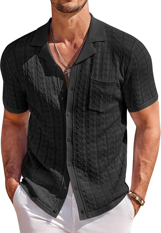 Coofandy Men's Knit Button Down Classic Solid Mens Shirt Short Sleeve Vintage