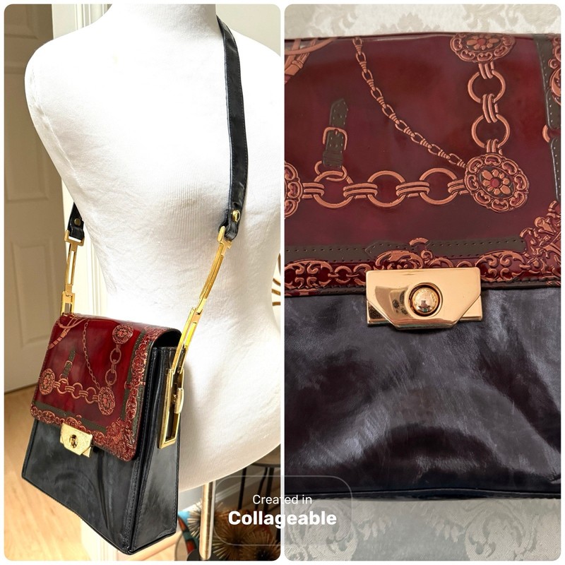 Vera Pelle Italian Tooled Leather Crossbody Adjustable Bag Flap Chain Pattern