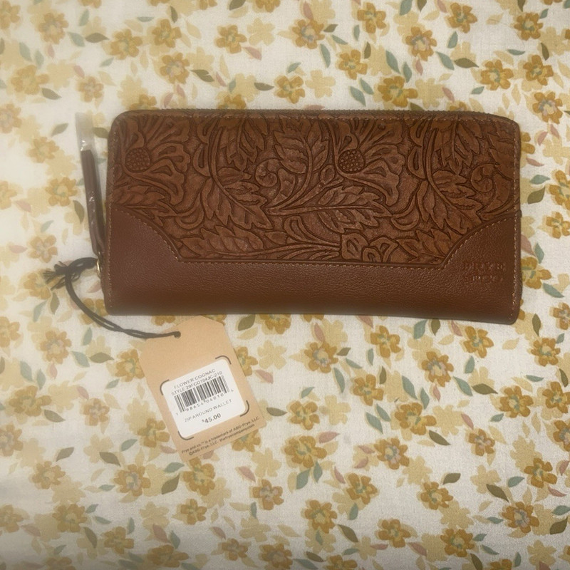 Frye and Co. Women’s Brown Floral Zip-Around Wallet w/ Zipper, Credit Card Slots