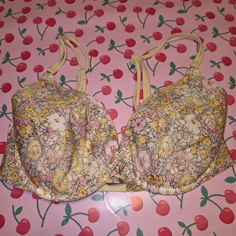 Victoria’s Secret Full Coverage Floral Bra 34D Yellow Pink Underwire Lined