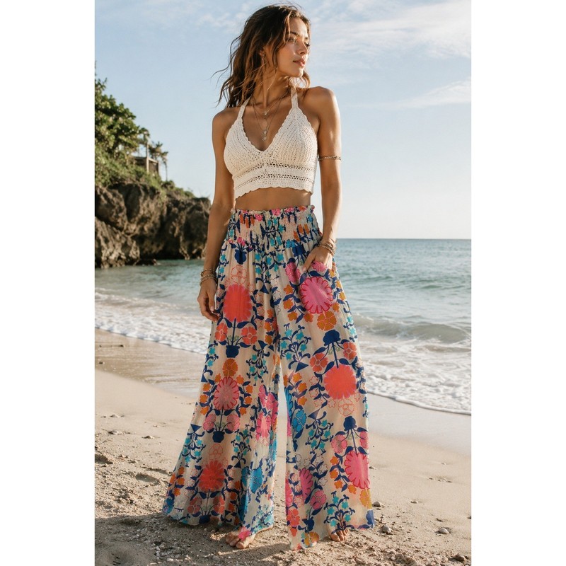 Rachel Rachel Roy Wide Leg Floral Palazzo Pants L Multicolor Boho Beachy Retro