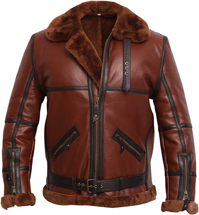 B3 Brown Bomber Real Shearling Real Sheepskin Leather Jacket