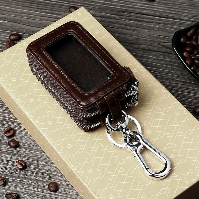 Key Wallet Genuine Leather Car Key Holder Case Keychain Bag Dual Zipper Pouch