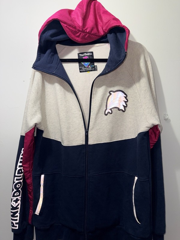 Pink Dolphin HoodieXL Color Block Gray Navy Magenta Reflective Zip Up Streetwear