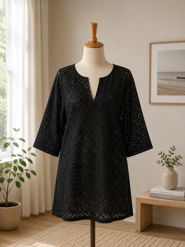 J. Valdi Woman Large Black Pool Beach Swim Cover Up Tunic Large Mesh 3/4 Sleeve