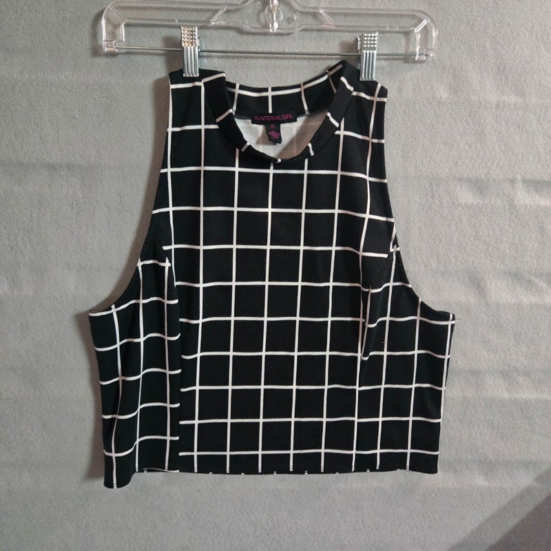 Material Girl L Black White Grid Print Racerback Crop Top Sleeveless Knit Tank