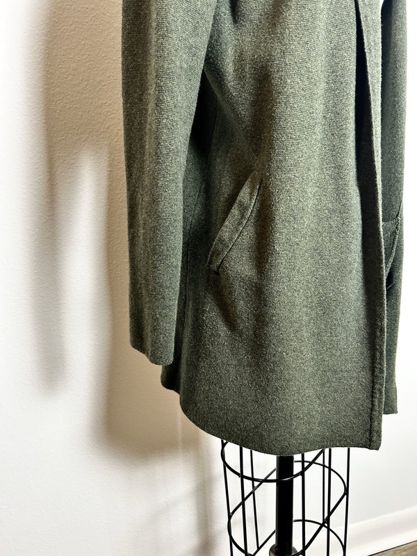 Olive Green Minimaist Cotton Open Front Mid-Length Sweater Coat Women's Size S gallery