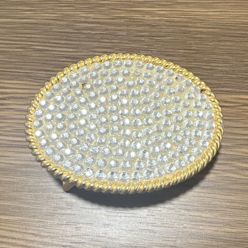 Oval Gold Tone Clear Rhinestone Bling Textured Metal Belt Buckle 1.5″