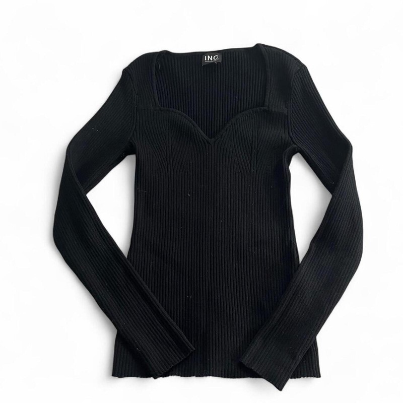 INC International Concepts Black Ribbed V-Neck Top